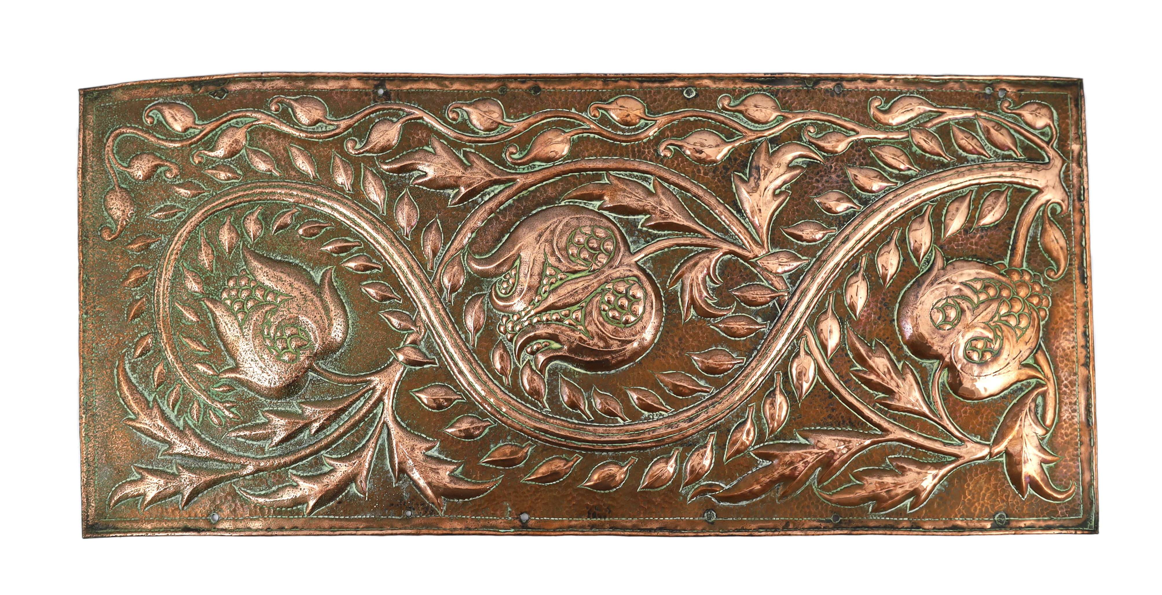 John Pearson (1859-1930), an Arts and Crafts copper plaque, 33 x 73cm